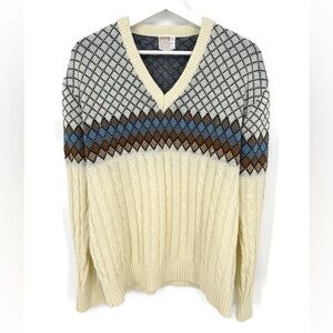 Vintage Montgomery Ward Cable Knit V-Neck Sweater Cream Argyle Classic‎ Cozy Lg